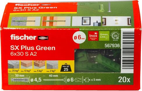Fischer SX Plus Extension Dowel 6 × 30 S مع A2 من الفولاذ المقاوم للصدأ ، ومواد مستدامة مصنوعة من مواد خام قابلة للتجديد بنسبة 50 ٪ ، والانتشار 4 في اتجاه ، والمتخصص في مواد البناء الصلبة ، 20 in Saudi Arabia
