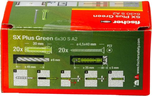 Fischer SX Plus Extension Dowel 6 × 30 S مع A2 من الفولاذ المقاوم للصدأ ، ومواد مستدامة مصنوعة من مواد خام قابلة للتجديد بنسبة 50 ٪ ، والانتشار 4 في اتجاه ، والمتخصص في مواد البناء الصلبة ، 20 in Saudi Arabia