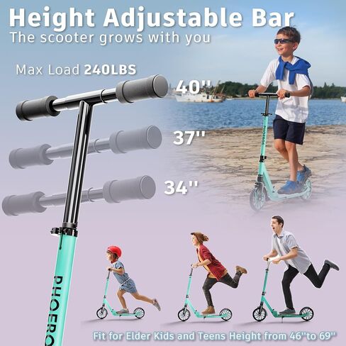 PHOEROS Kick Scooter for Kids Ages 6-12,Teens & Adults, Youth. Lightweight Aluminum Kick Scooter for Teens Adults Boys Girls with 8 inch Big Wheels, Foldable, 3 Height Adjustable, Shock Absorption. in Saudi Arabia