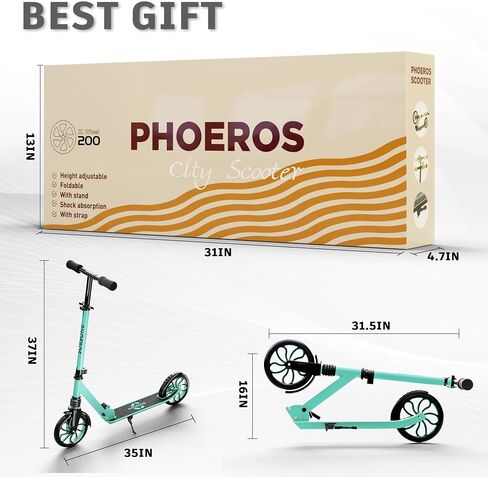PHOEROS Kick Scooter for Kids Ages 6-12,Teens & Adults, Youth. Lightweight Aluminum Kick Scooter for Teens Adults Boys Girls with 8 inch Big Wheels, Foldable, 3 Height Adjustable, Shock Absorption. in Saudi Arabia