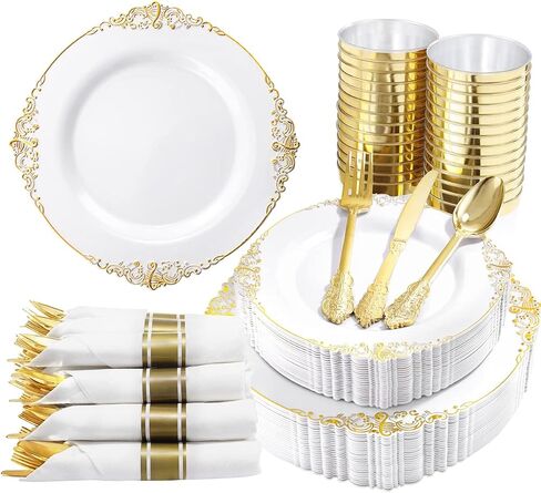 Nervure 350PCS Gold Plastic Plates - Gold Plastic Dinnerware Sets for 50 Guests - 100 Disposable Plates, 150 Silverware, 50 Cups, 50 Napkins for Wedding & Party & Thanksgiving in Kuwait