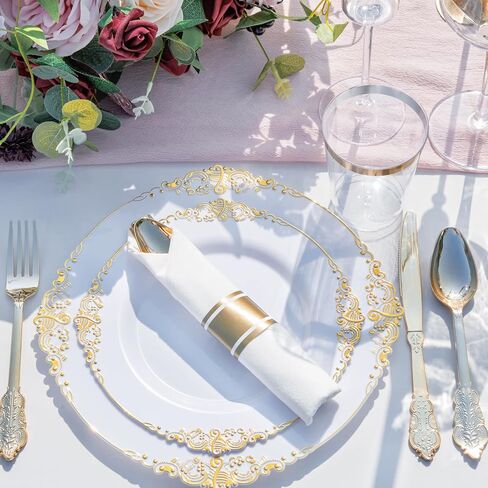 Nervure 350PCS Gold Plastic Plates - Gold Plastic Dinnerware Sets for 50 Guests - 100 Disposable Plates, 150 Silverware, 50 Cups, 50 Napkins for Wedding & Party & Thanksgiving in Kuwait