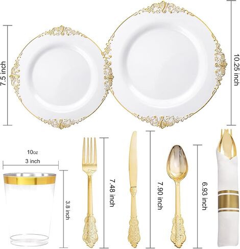 Nervure 350PCS Gold Plastic Plates - Gold Plastic Dinnerware Sets for 50 Guests - 100 Disposable Plates, 150 Silverware, 50 Cups, 50 Napkins for Wedding & Party & Thanksgiving in Kuwait