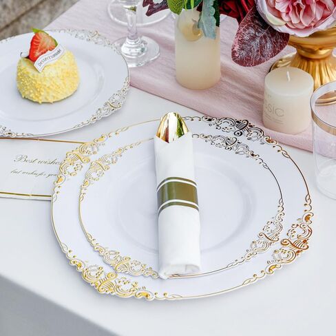 Nervure 350PCS Gold Plastic Plates - Gold Plastic Dinnerware Sets for 50 Guests - 100 Disposable Plates, 150 Silverware, 50 Cups, 50 Napkins for Wedding & Party & Thanksgiving in Kuwait