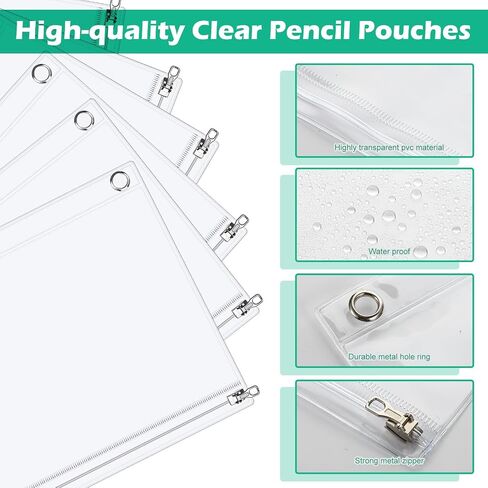 LINCIA 24 Pack Clear Pencil Pouch for 3 Ring Binder Pencil Case with Metal Zipper 3 Ring Binder Pocket Inserts Bag 10 × 7 '' in Kuwait