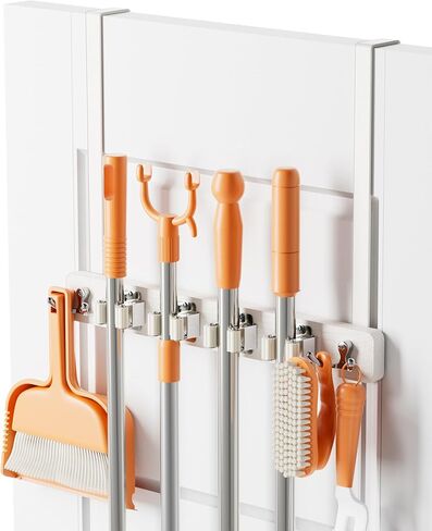Mop and Broom Holder Wall Mount, No Drill Over the Door Broom and Mop Holder with 4 Slots and 2 Hooks, Wood Tool Hanger for Laundry, Cabinet, Kitchen, Garage in Saudi Arabia