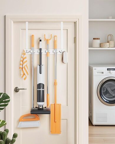 Mop and Broom Holder Wall Mount, No Drill Over the Door Broom and Mop Holder with 4 Slots and 2 Hooks, Wood Tool Hanger for Laundry, Cabinet, Kitchen, Garage in Saudi Arabia