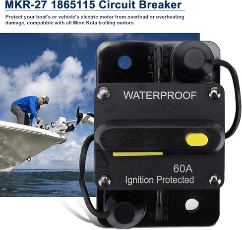 1865115 MKR-27 قاطع الدائرة 60 أمبير متوافق مع MINN KOTA 12V/24V/36V/48V محركات التصيد الكهربائية ، وتبديل إعادة ضبط يدوي ومقاوم للماء وإشعال حماية للمركبات القوارب in Saudi Arabia