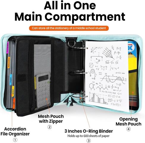 Sunee Zipper Binder 3 حلقة ، حلقات O 3 بوصة مع حزام المقبض والكتف ، سعة 600 ورقة ، مجلد ملفات متوسعة 5-TAB ، جيوب متعددة للوثق منظم المدارس المتوسطة مع سحاب ، غسق بلو in Saudi Arabia