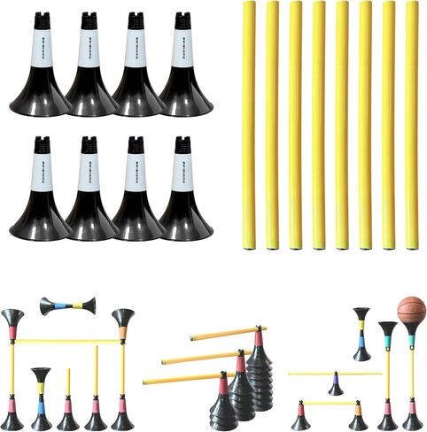 مخروطات عقبة لكرة السلة لكرة القدم والتدريب الرياضي الأخرى 8pcs مخاريط و 8pcs أعمدة مناسبة لمختلف الرياضات ، تدريب على خفة كرة القدم in Saudi Arabia