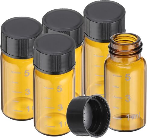PATIKIL Small Glass Sample Bottles with Lids, 5 Pcs 5ml Clear Glass Vials with Black Screw Caps Mini Leak Proof Reagent Sealed Bottles with Scale for Solid Liquid Powder Storage in Saudi Arabia
