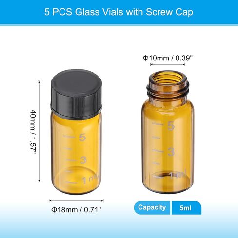 PATIKIL Small Glass Sample Bottles with Lids, 5 Pcs 5ml Clear Glass Vials with Black Screw Caps Mini Leak Proof Reagent Sealed Bottles with Scale for Solid Liquid Powder Storage in Saudi Arabia