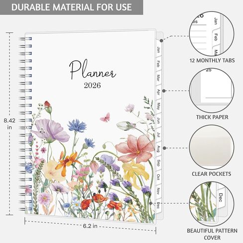 2026 Planner ، Weekly Monthly Planner 2026 ، يناير 2026 - ديسمبر 2026 ، 6.2 "× 8.42" ، غطاء مرن ، 12 علامات تبويب شهرية ، ورق سميك ، سلك حلزوني ، جيب داخلي ، A5 ، الأزرق in Kuwait