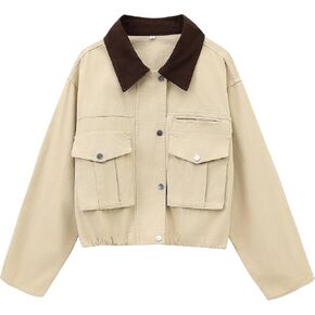 Womens Cropped Jacket Contrast Collar Utility Coat Cargo Jacket Barn Jacket Outwear with Pockets in Saudi Arabia