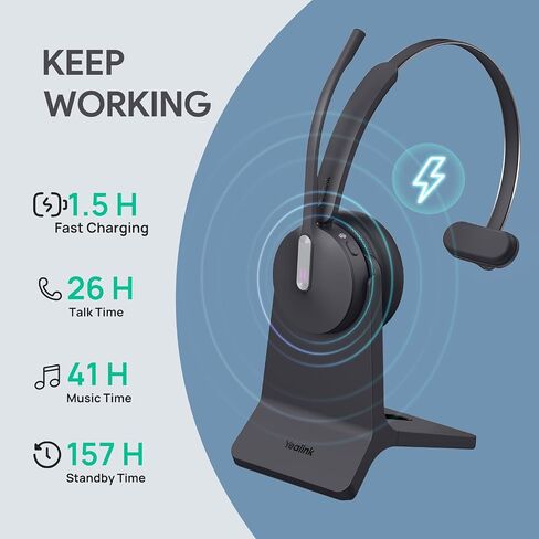 Yealink WH64 Hybrid Wireless Headset Dongle & Charging Stand, 492ft Range DECT&Bluetooth Headphones for Teams, Zoom UC,Dual Ear Noise Cancelling Portable Headsets with 3X Mic, 32H Calls,(PC/Phone) in Kuwait