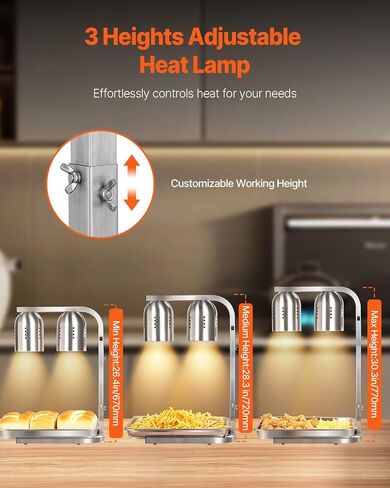VEVOR Food Heat Lamp, 500W Bulbs, Commercial Food Warmer Light, Electric Stainless Steel French Fry Heating Lamp, Free-Standing, Catering Food Warming Equipment for Kitchen Buffet Restaurant, Silver in Saudi Arabia
