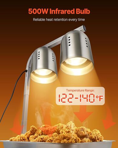 VEVOR Food Heat Lamp, 500W Bulbs, Commercial Food Warmer Light, Electric Stainless Steel French Fry Heating Lamp, Free-Standing, Catering Food Warming Equipment for Kitchen Buffet Restaurant, Silver in Saudi Arabia