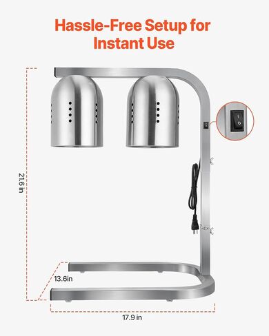 VEVOR Food Heat Lamp, 500W Bulbs, Commercial Food Warmer Light, Electric Stainless Steel French Fry Heating Lamp, Free-Standing, Catering Food Warming Equipment for Kitchen Buffet Restaurant, Silver in Saudi Arabia