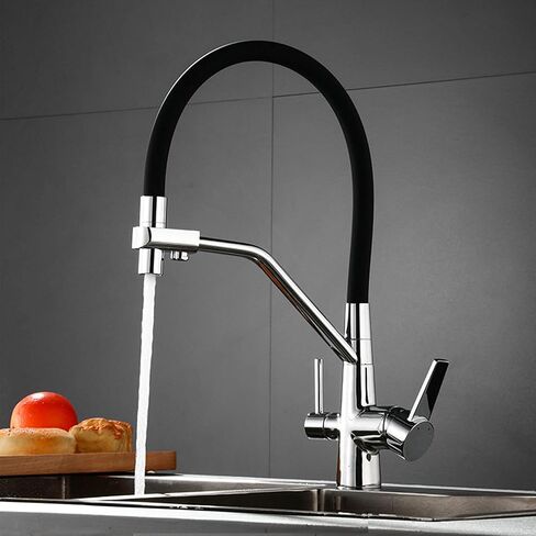 Modern Kitchen Faucet with Drinking Water Solid Brass Pull Out Swivel Kitchen Sink Tap, Dual Handle 3 in 1 High Arc Water Filter Purifier Faucets,Black(Brushed) in Saudi Arabia