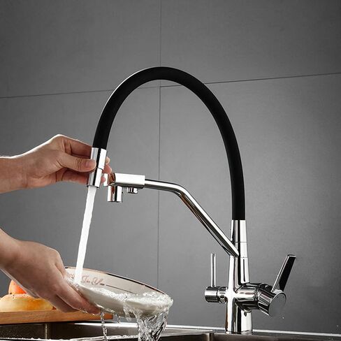 Modern Kitchen Faucet with Drinking Water Solid Brass Pull Out Swivel Kitchen Sink Tap, Dual Handle 3 in 1 High Arc Water Filter Purifier Faucets,Black(Brushed) in Saudi Arabia