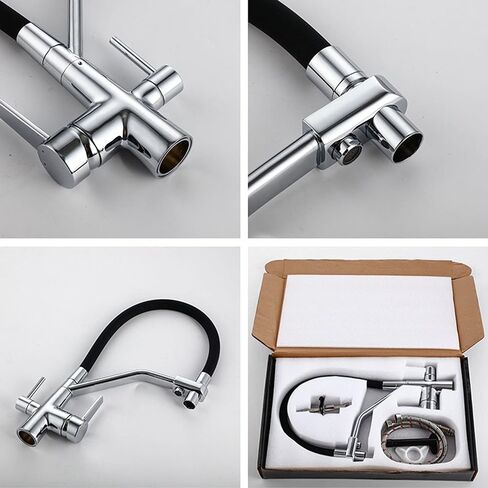 Modern Kitchen Faucet with Drinking Water Solid Brass Pull Out Swivel Kitchen Sink Tap, Dual Handle 3 in 1 High Arc Water Filter Purifier Faucets,Black(Brushed) in Saudi Arabia