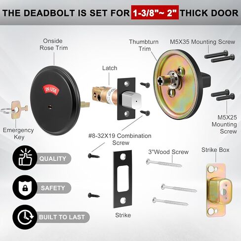 Tandefio Deadbolt with Occupancy Indicator, Vacant Occupied Bathroom Lock 304 Stainless Steel Lock Indicator for Commercial Restroom Fit Door Thickness from 1 3/8" to 2", Satin Chrome(Silver,1 Pcs) in Kuwait