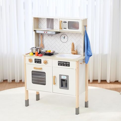 Freniland Wooden Play Kitchen Kids Kitch Kitchen Playset مع ضوء حقيقي وصوت صانع الجليد واقعية للموقد ، Oven Chef Printend Toy Toy Kitchen ، ويشمل 31 إكسسوارات هدية للأطفال للطفل الذين تتراوح أعمارهم بين 3 سنوات من الأثاث in Kuwait