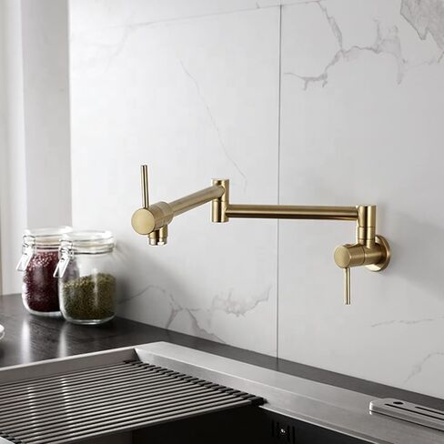 Pot Filler Faucet Wall Mounted Foldable Kitchen Faucet Single Cold Single Hole Kitchen Sink Tap Solid Brass Double Joint Swing Arm Kitchen Tap Dual Handle,Gold(Chrome) in Kuwait