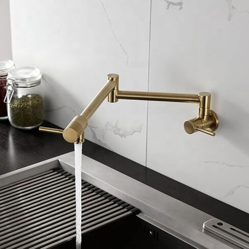 Pot Filler Faucet Wall Mounted Foldable Kitchen Faucet Single Cold Single Hole Kitchen Sink Tap Solid Brass Double Joint Swing Arm Kitchen Tap Dual Handle,Gold(Chrome) in Kuwait