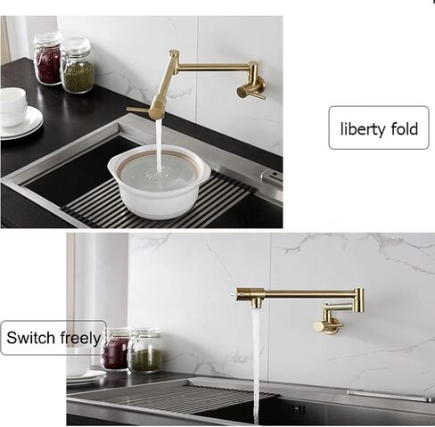 Pot Filler Faucet Wall Mounted Foldable Kitchen Faucet Single Cold Single Hole Kitchen Sink Tap Solid Brass Double Joint Swing Arm Kitchen Tap Dual Handle,Gold(Chrome) in Kuwait