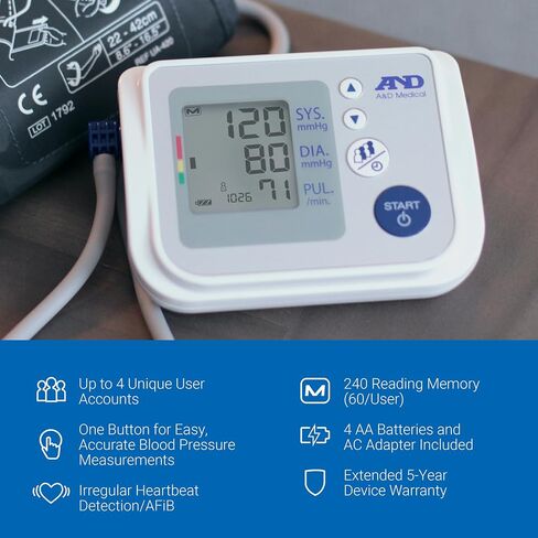 A&D Medical Multi-User Blood Pressure Monitor for Home Use UA-767FAC – Wide Range Cuff (8.6-16.5" / 22-42cm), Easy to Use, Adult Upper Arm, 60 Readings Per User (4 Users), AC Adapter, FSA/HSA Eligible in Saudi Arabia