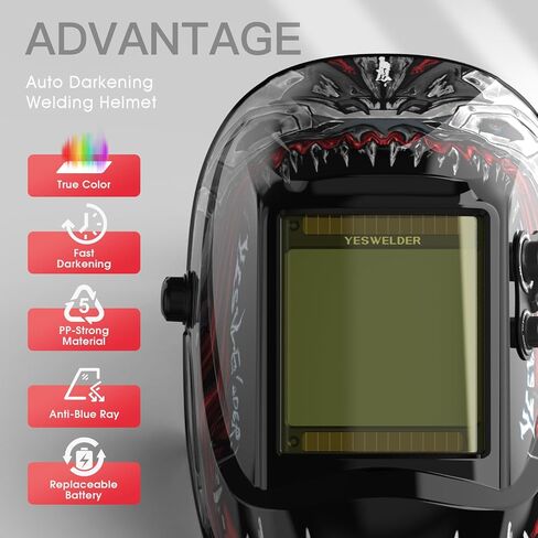YESWELDER شاشة عرض كبيرة 3.93 بوصة × 3.66 بوصة خوذة لحام ذات لون حقيقي تعمل بالطاقة الشمسية، 4 مستشعر قوسي واسع الظل 4/5-9/9-13 لقناع لحام الطحن TIG MIG Arc Weld LYG-M800H in Kuwait