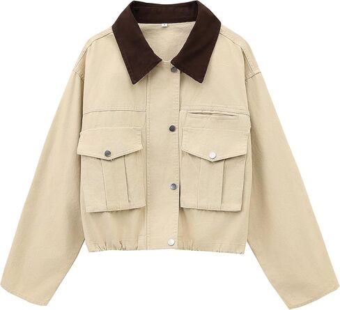Womens Cropped Jacket Contrast Collar Utility Coat Cargo Jacket Barn Jacket Outwear with Pockets in Saudi Arabia