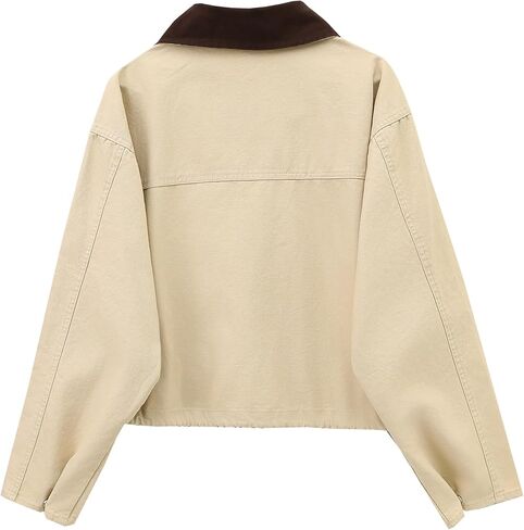 Womens Cropped Jacket Contrast Collar Utility Coat Cargo Jacket Barn Jacket Outwear with Pockets in Saudi Arabia