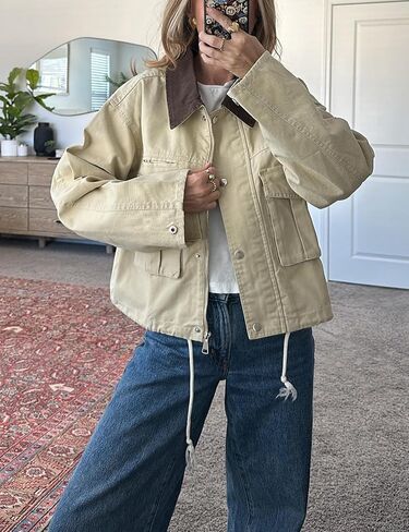 Womens Cropped Jacket Contrast Collar Utility Coat Cargo Jacket Barn Jacket Outwear with Pockets in Saudi Arabia