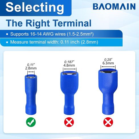 Baomain الأزرق أنثى معزول الأسلاك بأسمائها الحقيقية موصل الكهربائية تجعيد الطرفية 16-14 AWG 2.8 × 0.5 مم حزمة من 100 in Saudi Arabia