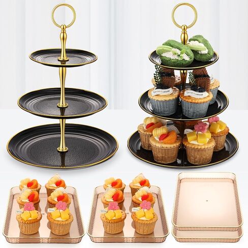 6 PCS Cupcake Display STATE 3 TIER DEGURERT DISPLAY SENDING TOWER TOWER مع RIM RIM RECTANGLE SRIEMS TRAYS TANDS FORDAY BIRDENT BIRDENT BAYS (GRAY) in Kuwait