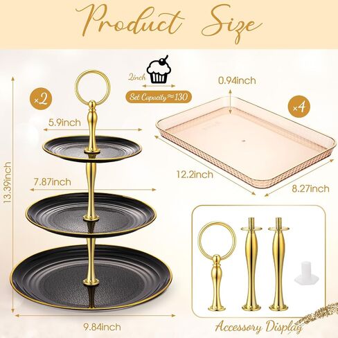 6 PCS Cupcake Display STATE 3 TIER DEGURERT DISPLAY SENDING TOWER TOWER مع RIM RIM RECTANGLE SRIEMS TRAYS TANDS FORDAY BIRDENT BIRDENT BAYS (GRAY) in Kuwait