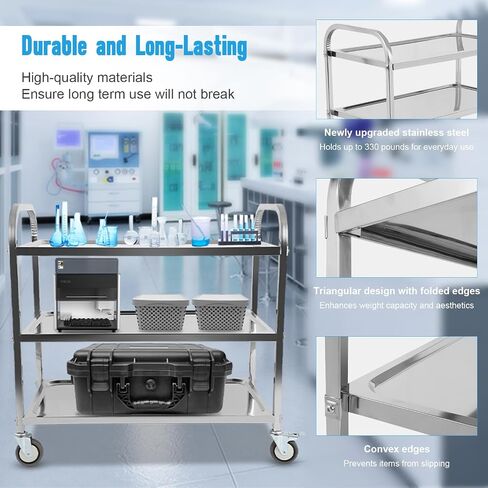 3 Shelf Stainless Steel Cart with Wheels, Kitchen Rolling Cart 330 lbs Weight Capacity, Service Trolley with Lockable Universal Wheels, for Lab, Clinic, Kitchen, Salon, 37.2" L X 19.2" W X 36.4" H in Saudi Arabia
