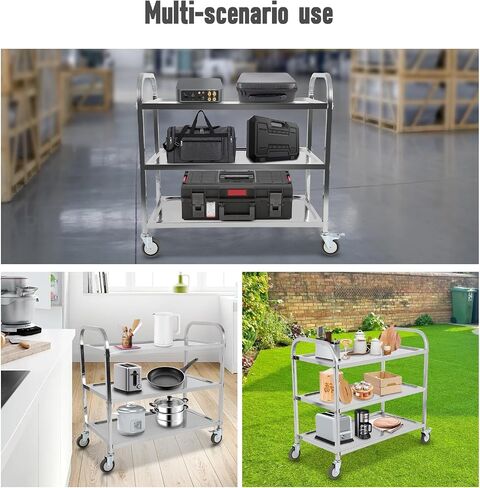 3 Shelf Stainless Steel Cart with Wheels, Kitchen Rolling Cart 330 lbs Weight Capacity, Service Trolley with Lockable Universal Wheels, for Lab, Clinic, Kitchen, Salon, 37.2" L X 19.2" W X 36.4" H in Saudi Arabia