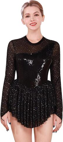 ODASDO Figure Skating Dress for Women Mesh Long Sleeve Sparkly Sequin Rhinestones Skirted Leotard Gym Ballet Dancewear in Saudi Arabia