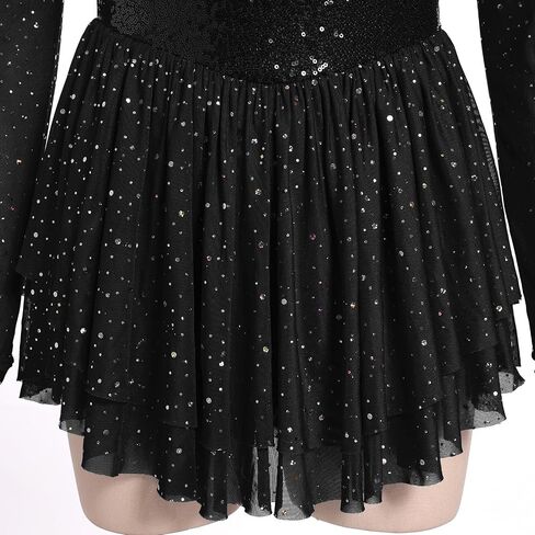 ODASDO Figure Skating Dress for Women Mesh Long Sleeve Sparkly Sequin Rhinestones Skirted Leotard Gym Ballet Dancewear in Saudi Arabia