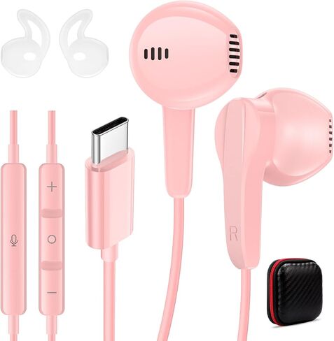 سماعات الرأس السلكية USB C لبراعم الأذن من نوع Apple C مع MIC لـ iPhone 16 15 Pro Max Noise Deganing مدمجة في سماعات التحكم عن بعد USBC Samsung Android S25 S24 Plus Black in Kuwait