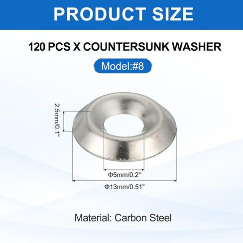 Meccanixity 120 PCS #10 Countersunk Finish Washers ، حشية غسالة كوب من الصلب الكربوني للبراغي البراغي البراغي بناء ، فضية in Saudi Arabia