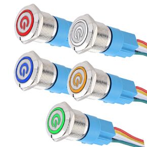 5Pcs 16mm Metal Latching Push Button Switch Waterproof Silver Shell 12V-24V 1NO 1NC ON-Off for 5/8" Mounting Hole with Pigtail Power Symbol Blue LED in Kuwait