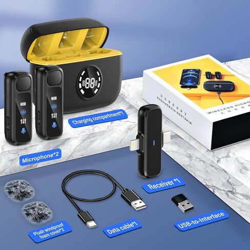 3 في 1 ميكروفون لافالييه اللاسلكي لنظام Android/أقراص/الكمبيوتر ، إلغاء الضوضاء الذكية مع حالة شحن الميكروفونات المزدوجة 20 ساعة ، ميكروفون صغير لتسجيل الفيديو البودكاست الأزرق in Kuwait