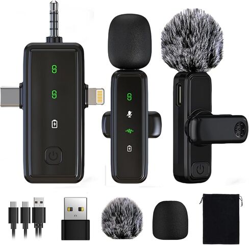 3 في 1 ميكروفون لافالييه اللاسلكي لأجهزة iPhone/Android/الكاميرا ، يعرض LED MICH MIC OMNIDIRICESTAL in Saudi Arabia