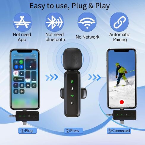 3 في 1 ميكروفون لافالييه اللاسلكي لأجهزة iPhone/Android/الكاميرا ، يعرض LED MICH MIC OMNIDIRICESTAL in Saudi Arabia