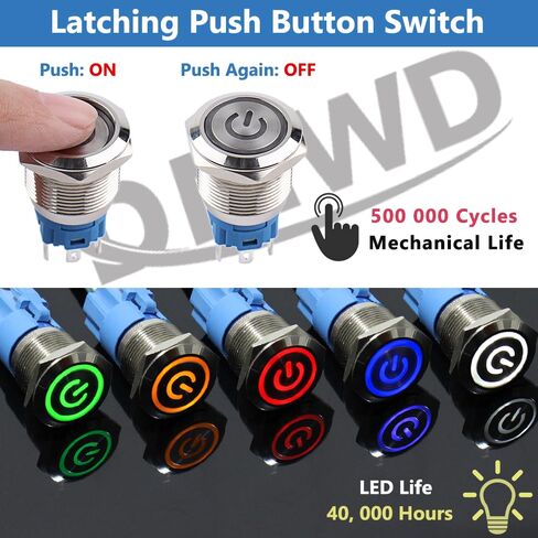 5Pcs 16mm Metal Latching Push Button Switch Waterproof Silver Shell 12V-24V 1NO 1NC ON-Off for 5/8" Mounting Hole with Pigtail Power Symbol Blue LED in Kuwait