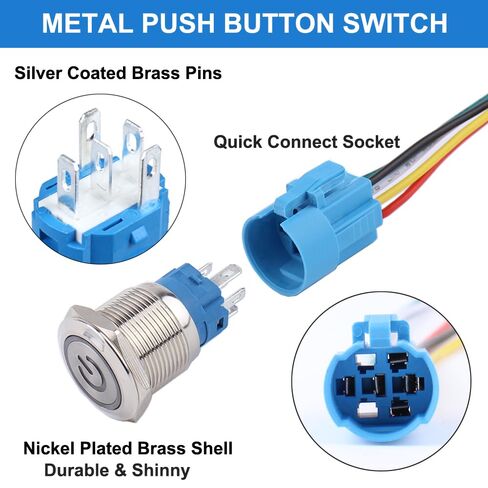 5Pcs 16mm Metal Latching Push Button Switch Waterproof Silver Shell 12V-24V 1NO 1NC ON-Off for 5/8" Mounting Hole with Pigtail Power Symbol Blue LED in Kuwait